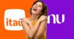 Logo Itaú, mulher feliz e logo do Nubank (Fotos: Reproduções / Internet / Canva)
